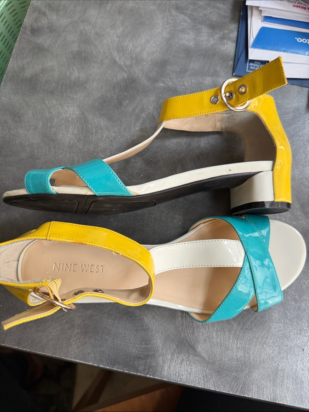 Nine West Teal & Yellow Ankle-Strap Low Heel Sandals - Picture 7 of 11